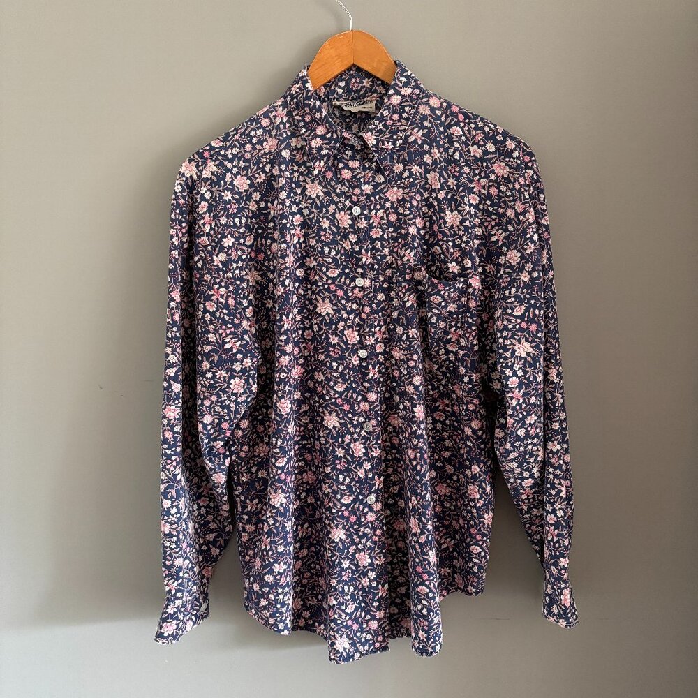 Vtg Cornflower Blue + Pink Floral Blouse